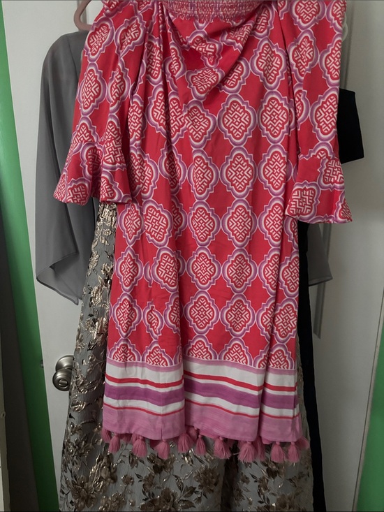 Cabana Life Dresses & Skirts - Cabana Life Pink & White Patterned Off-Shoulder Tassel Midi Dress